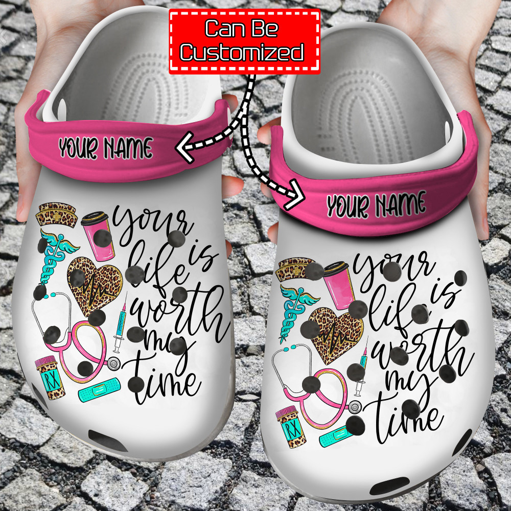 Nurse Crocs - Personalized Your Life Is Worth My Time Nurse Leopard Clog Shoes For Men And Women