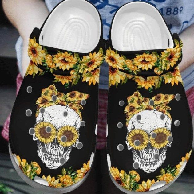 Sunflower Skull Rubber Crocs Clog Shoes