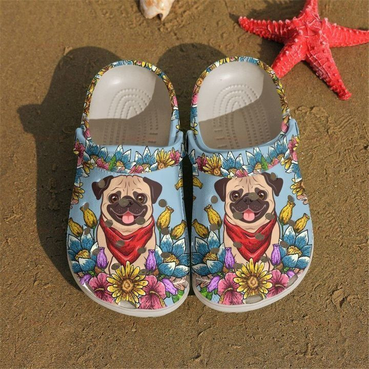 Pug With Flower Gift For Lover Rubber Crocs Clog Shoes