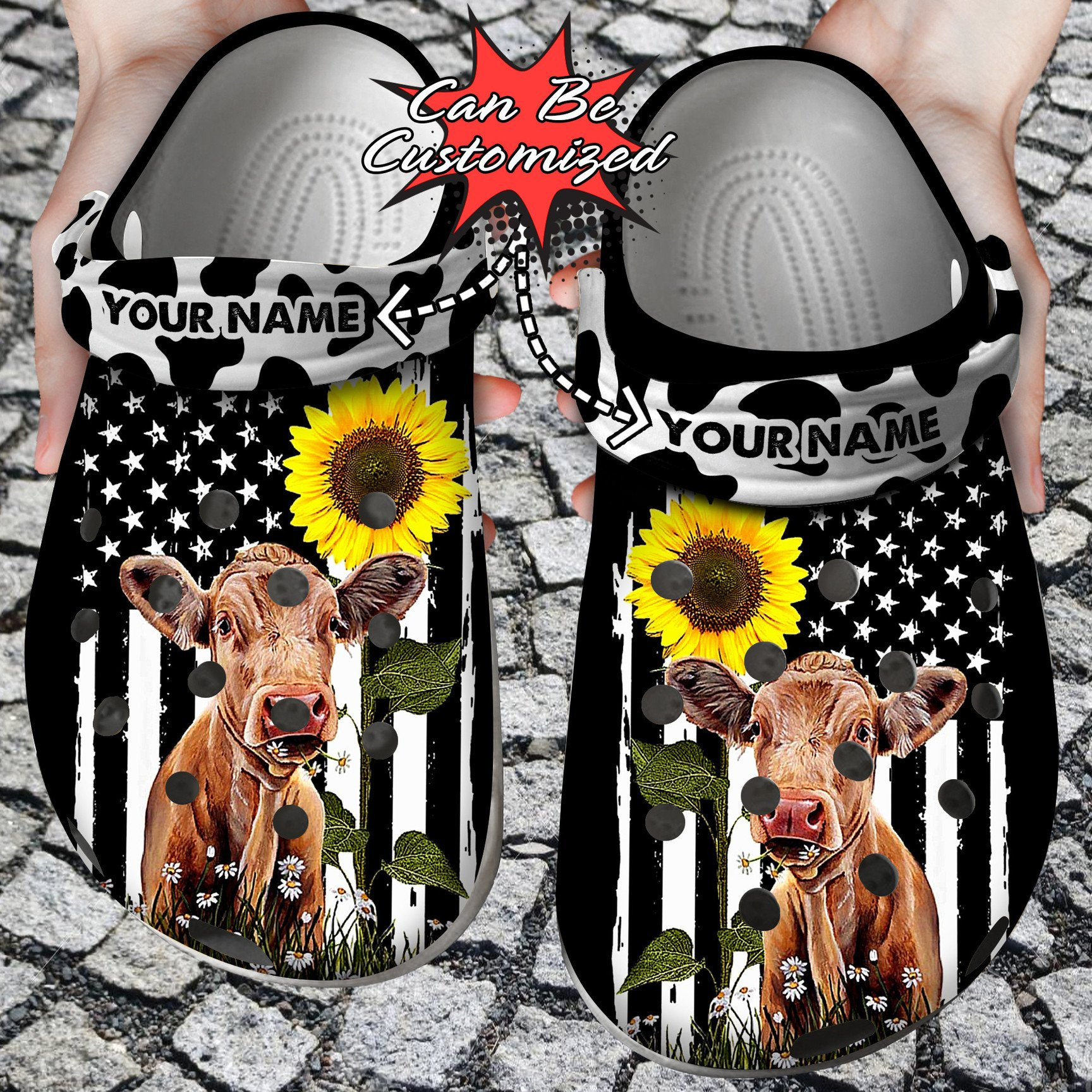 Personalized Heifer USA Flag Sunflower Cow Crocs Clog Shoes Custom Crocs