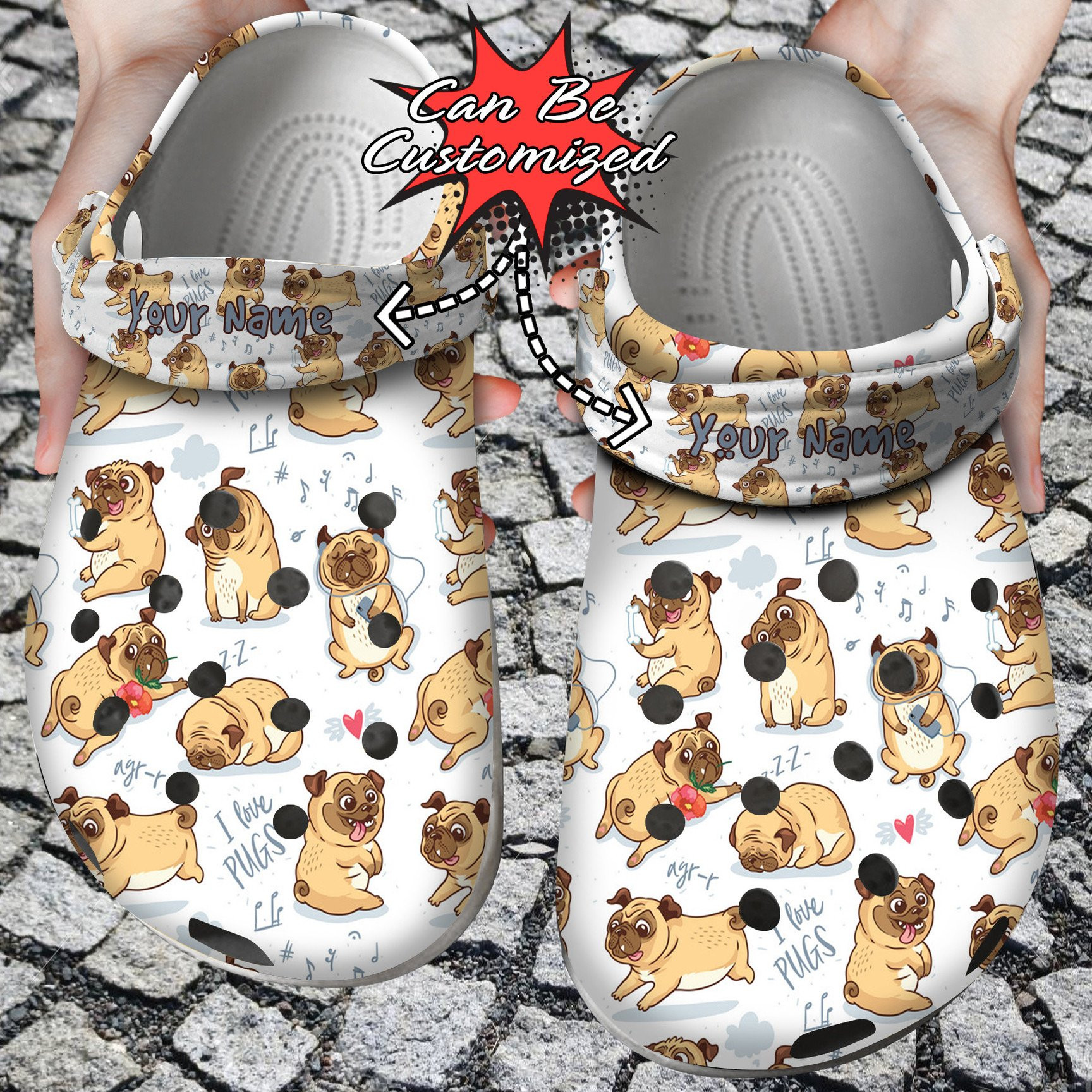 Pug I Love Pugs Personalized Crocs Clog Shoes Dog Crocs