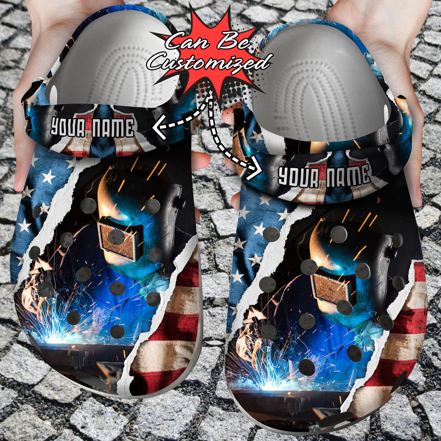 Personalized Patriotic American Welder Crocs Clog Shoes Custom Crocs