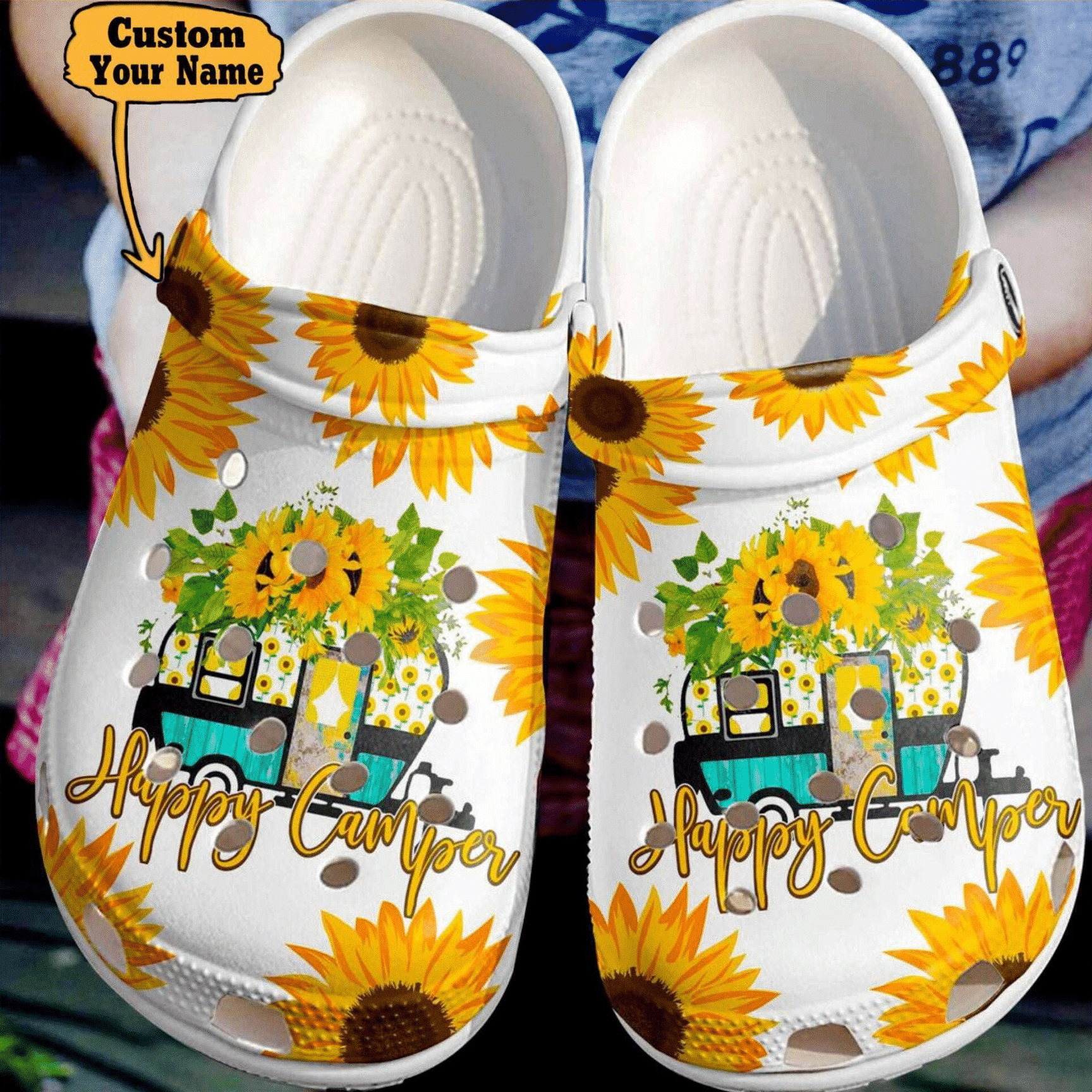 Happy Camper Sunflower Crocs Clog Shoes Personalized Camping Crocs