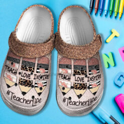 Teacher Life Love Inspire Crocs Shoes For Wife Mother Day- Teacher Pencil Twinkle Leopard Shoes Croc Clogs Customize