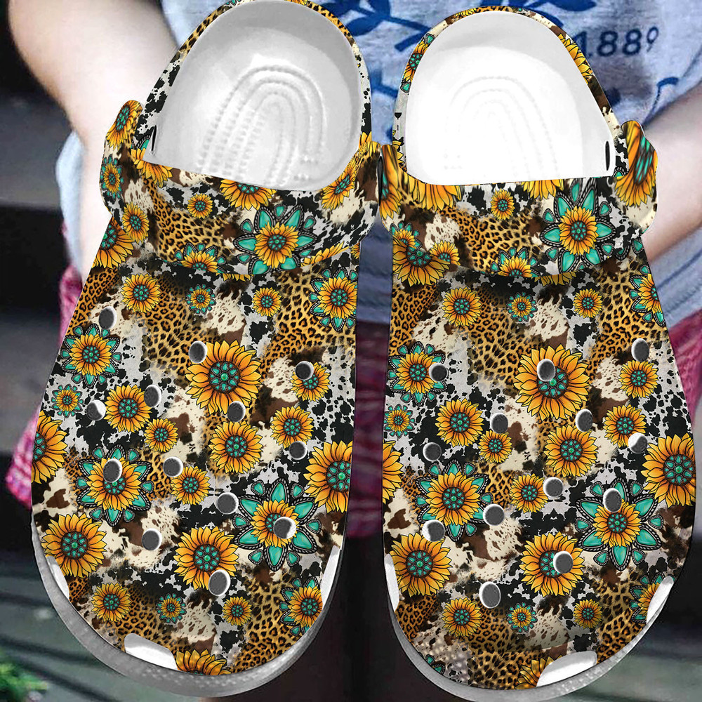 Amazing Turquoise Sunflower Leopards Art Clog Shoes