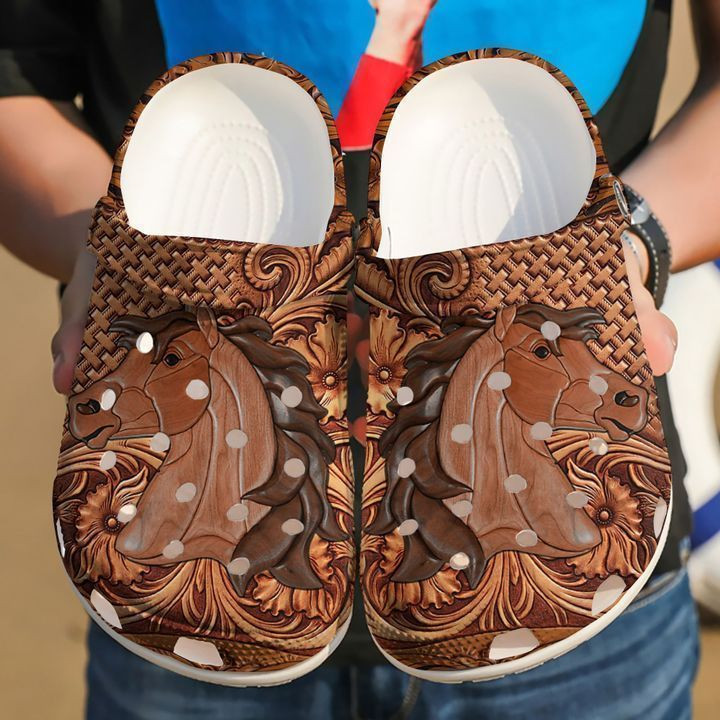 Horse Wooden Pattern Crocs Classic Clogs Shoes