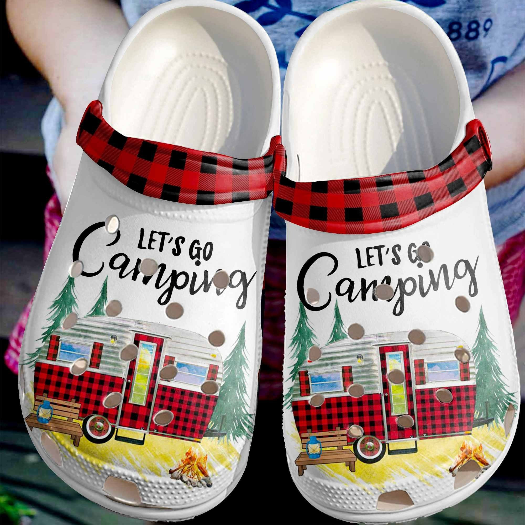 Camping Red Gingham Crocs Shoes Clogs - Lets Go Camping Custom Shoe Birthday Gift