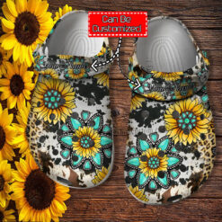 Hippie Sunflower Leopard Cow Skin Crocs Shoes Gift Women Daughter- Sunflower God Bless Boho Shoes Croc Clogs Customize