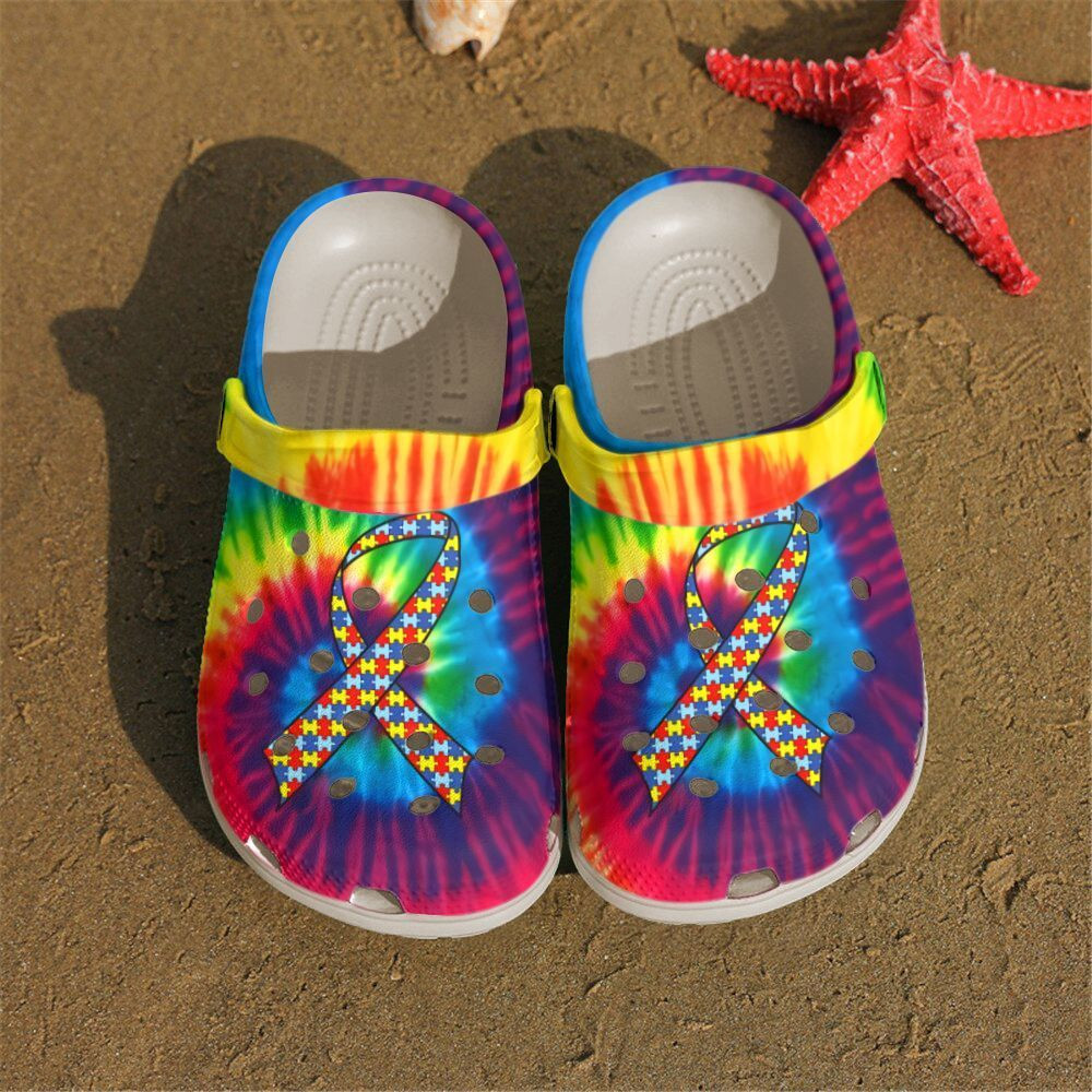 Autism Awareness Ribbon Tie Dye Color Crocs Crocband Clog Shoes