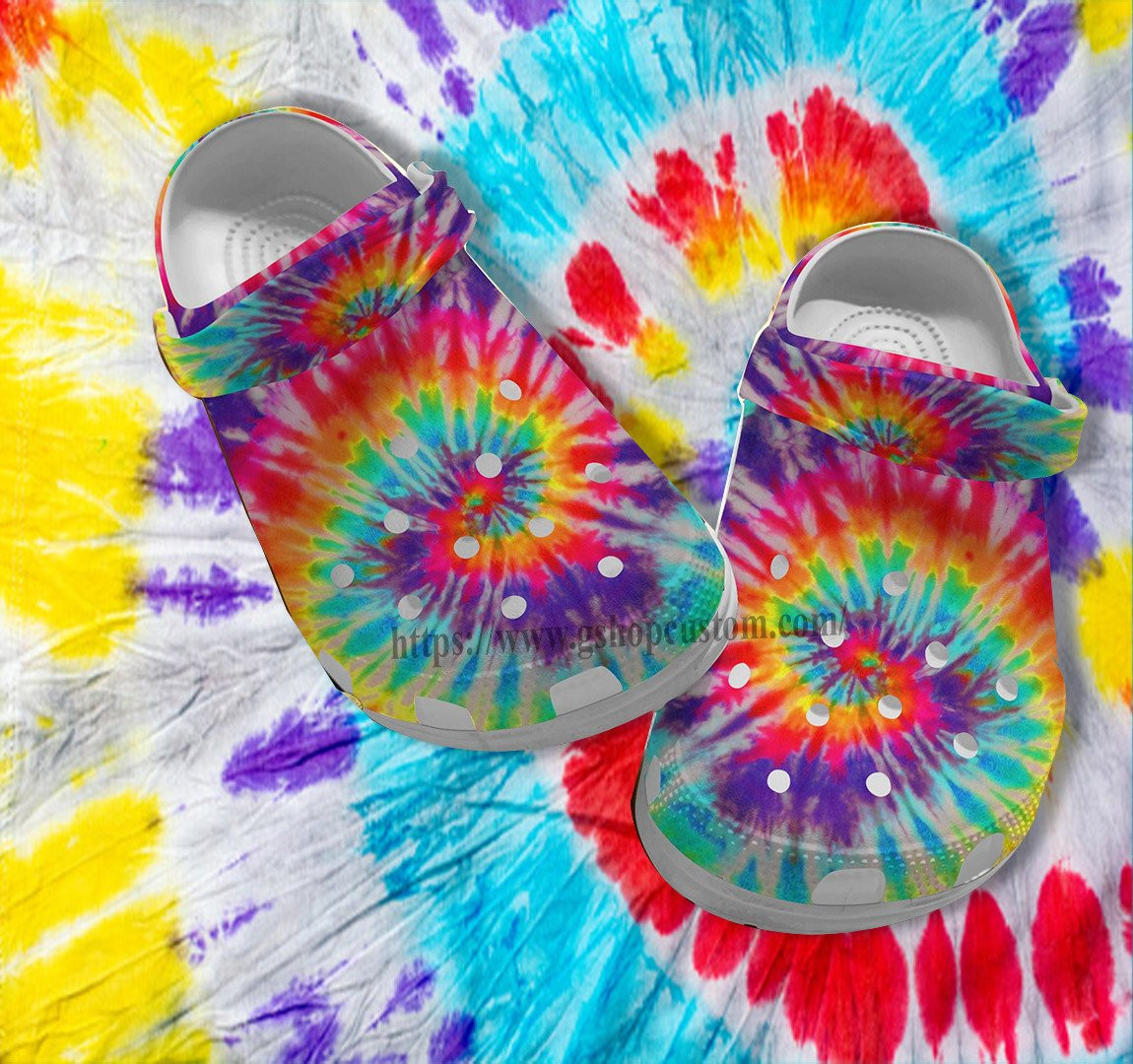 Hippie Tie Dye Croc Shoes- Hippie Trippy Rainbow Shoes Croc Clogs Customize Gift Birthday