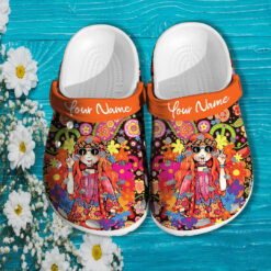 Hippie Girl Peace Orange Crocs Shoes Birthday Gift Daughter Niece- Hippie Flower Peace Girl Shoes Croc Clogs Customize