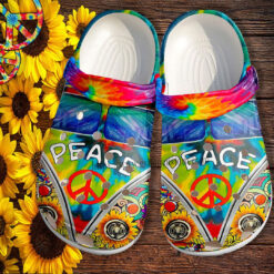 Hippie Peace Bus Sunflower Croc Shoes- Rainbow Sunflower Peace Symbol Shoes Croc Clogs Gift Birthday Girl