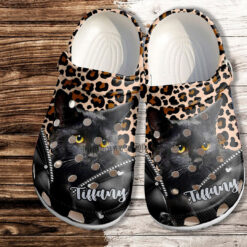 Black Cat Leopard Leather Funny Crocs Shoes Gift Women Mother Day- Cat Mom Shoes Croc Clogs Customize