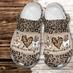 Peace Love Dental Leopard Crocs Shoes Gift Dentist Mom- Dentist Shoes Croc Clogs Gift Daughter In Law