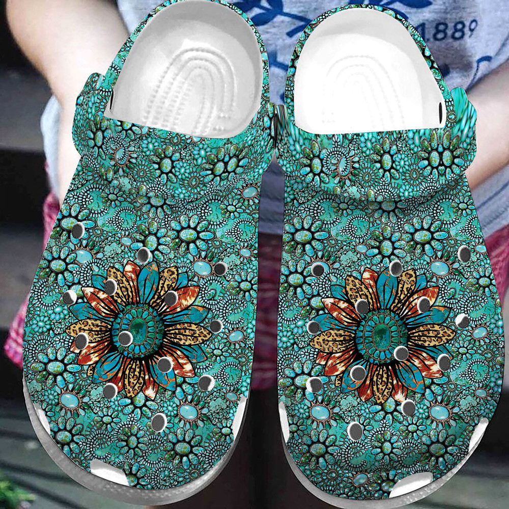 Turquoise Sunflower Pattern Art Clog Shoes