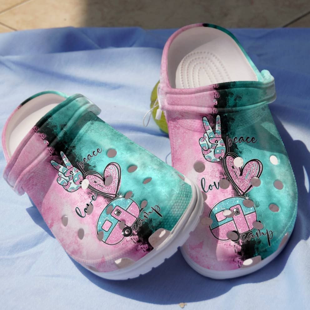 Peace Love Camping Shoes - Hand Heart Bus Crocs Clogs
