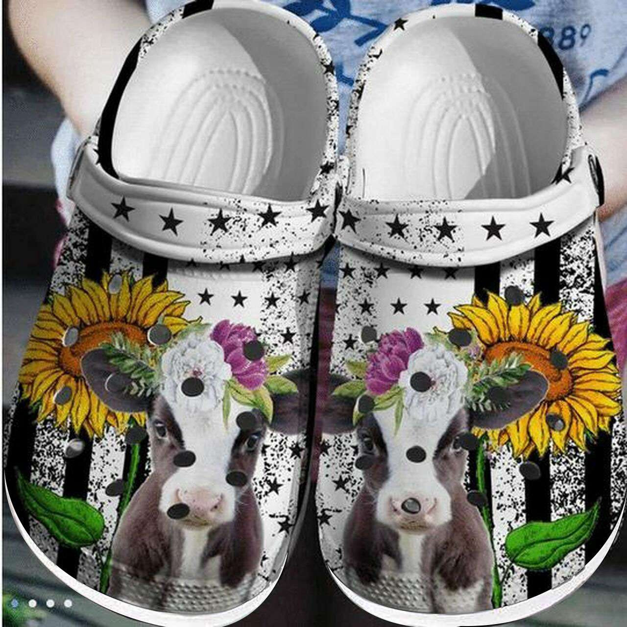 Cow Sunflower Usa Flag 4Th Of July Crocs Crocband Clogs