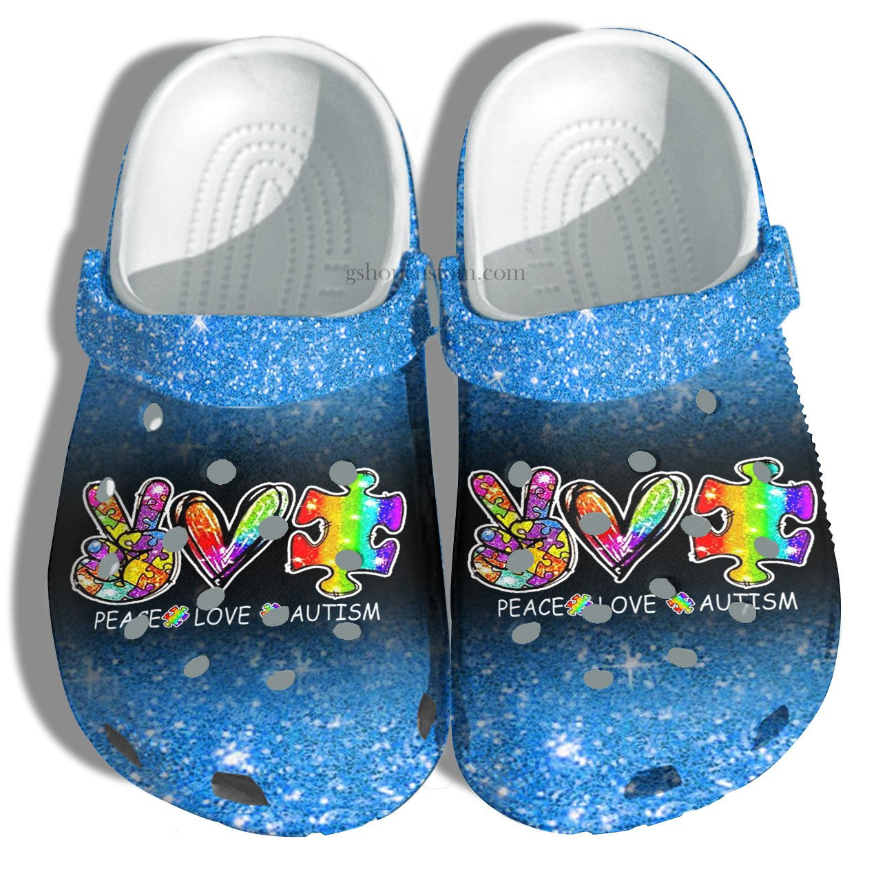 Peace Love Autism Blue Twinkle Crocs Shoes - Rainbow Puzzel Love Shoes Croc Clogs Gift