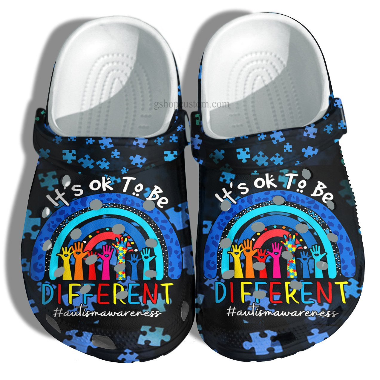 Blue Rainbow Autism Sign Hand Crocs Shoes For Girl Son Daughter - Its Ok To Be Different Autism Awareness Shoes Croc Clogs