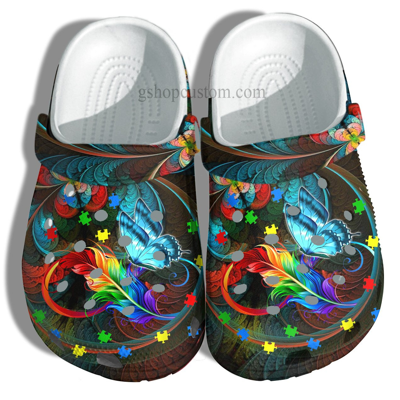 Butterfly Memory Rainbow Feather Crocs Shoes - Butterfly Autism Awareness Puzzel Shoes Croc Clogs Gifts Mother Day