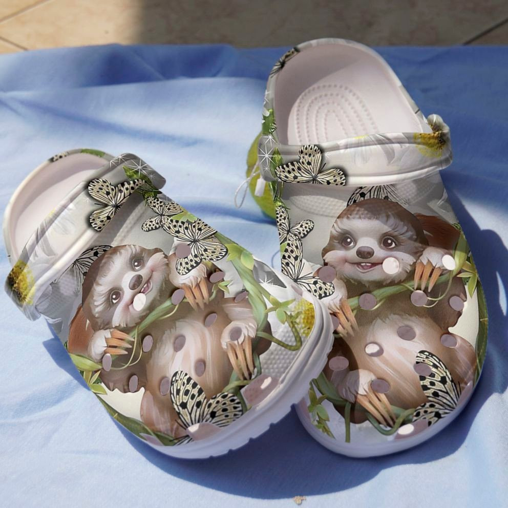 Sloth Playing With Butterflies And Daisy Shoes Clogs Crocs Gift