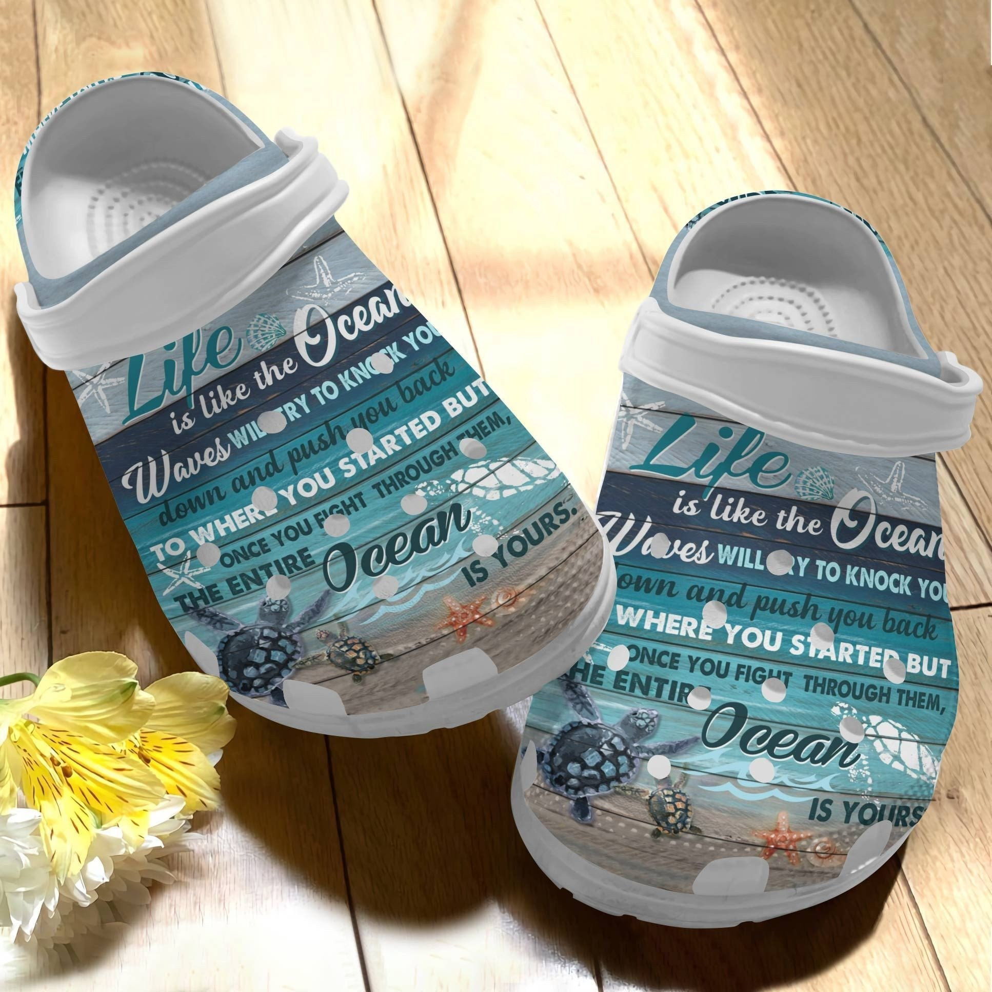 Life Is Like The Ocean Shoes - Sea Turtle Crocbland Clogs For Women Men