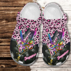Hair Stylist Leopard Pink Croc Shoes For Wife Mother Day 2022- Scissors Comb Hair Shoes Croc Clogs Customize