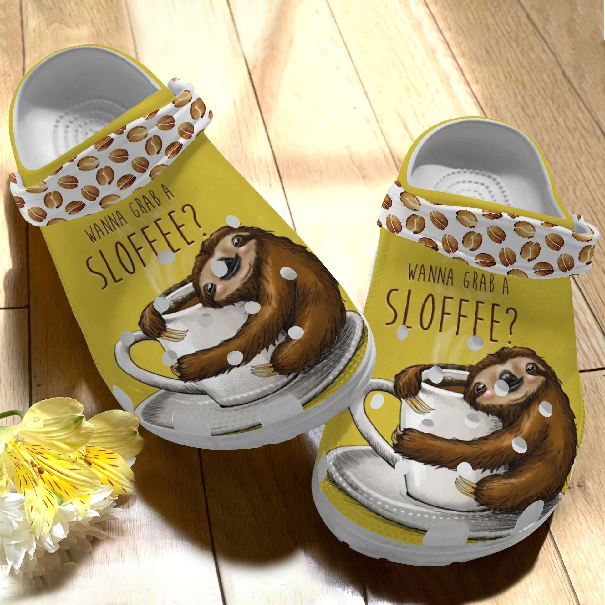 Wanna Grab A Sloffee Shoes - Cute Sloth Crocs Clogs Birthday Gift For Children Kids