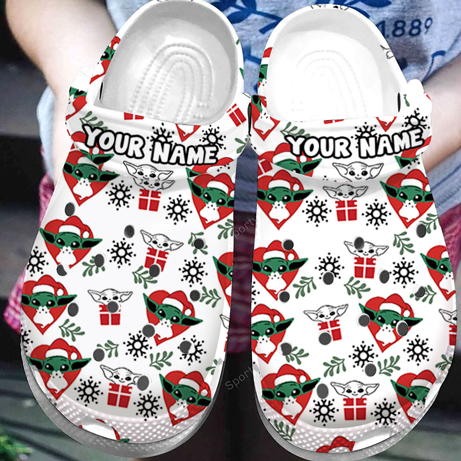 Custom Name Merry Christmas Baby Yoda White Clogs Shoes