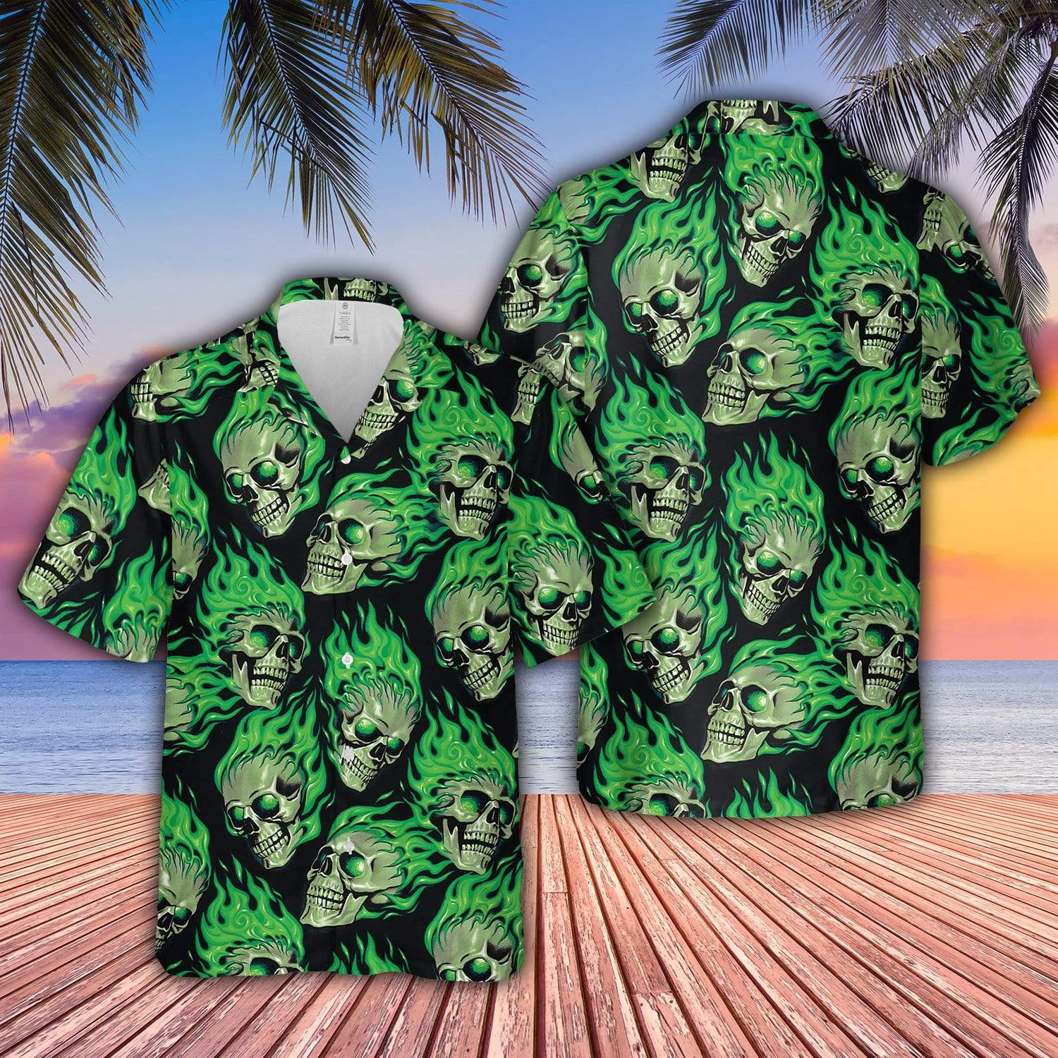 Green Flaming Skull Hawaiian Shirt For Men Women