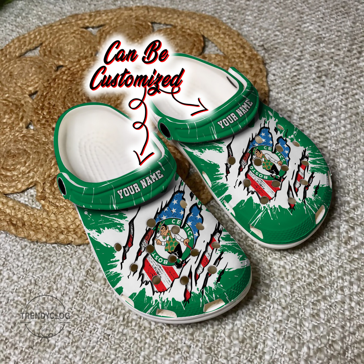 Celtics Crocs Personalized BCeltics Basketball Ripped American Flag Clog Shoes