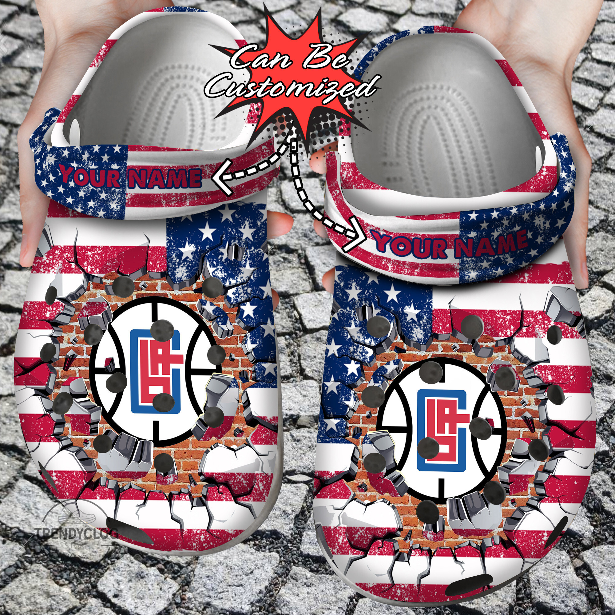 Basketball Crocs Personalized LA Clippers American Flag Breaking Wall Clog Shoes