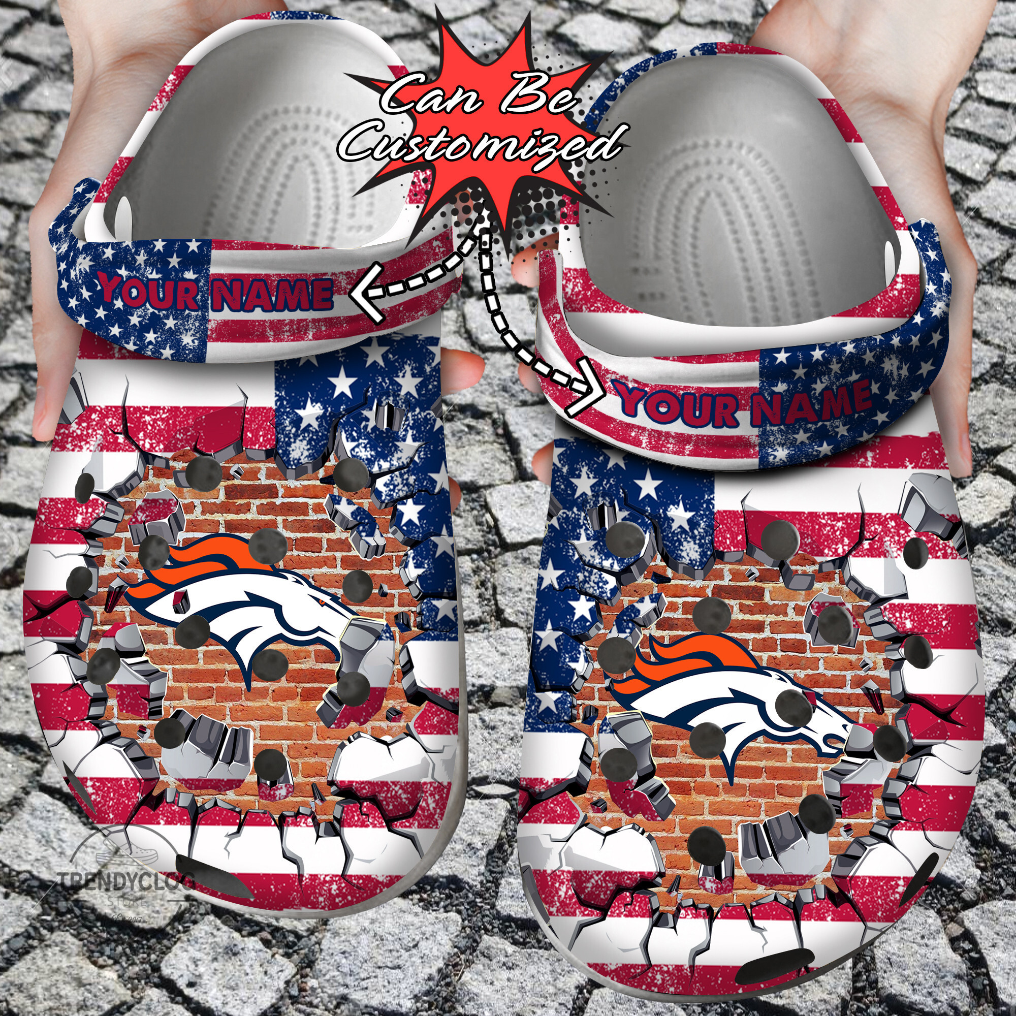 Football Crocs Personalized DBroncos American Flag Breaking Wall Clog Shoes