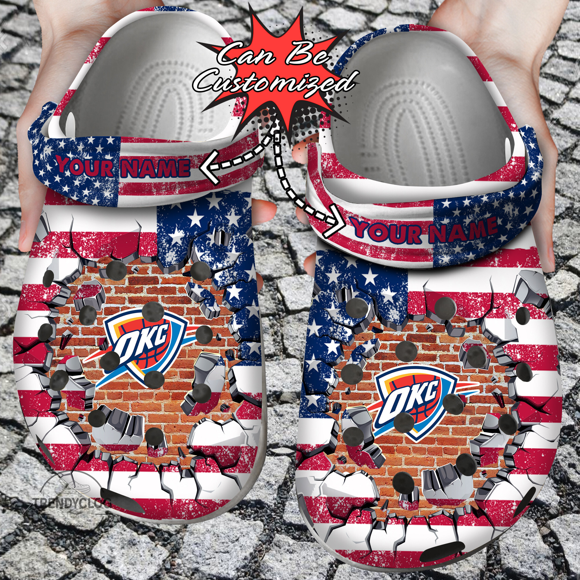 Basketball Crocs Personalized OThunder American Flag Breaking Wall Clog Shoes