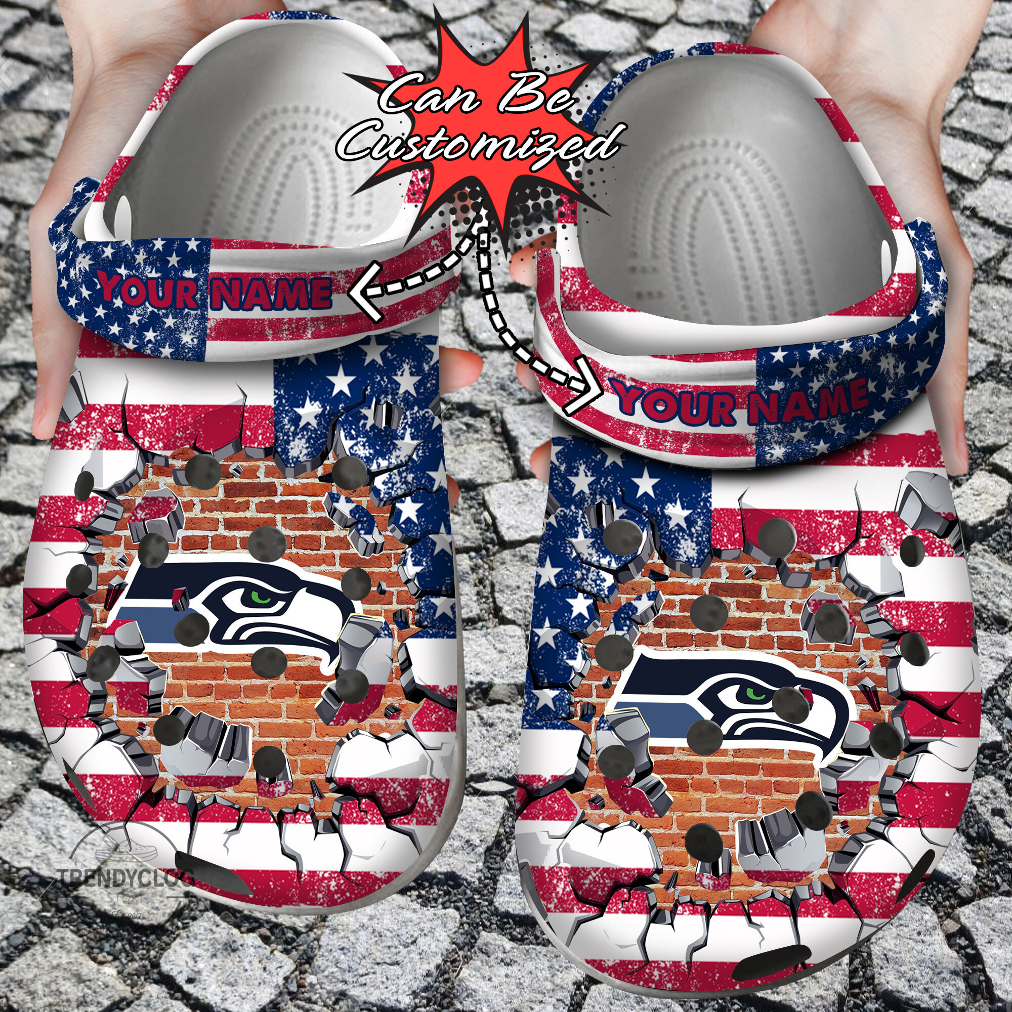 Football Crocs Personalized SSeahawks American Flag Breaking Wall Clog Shoes