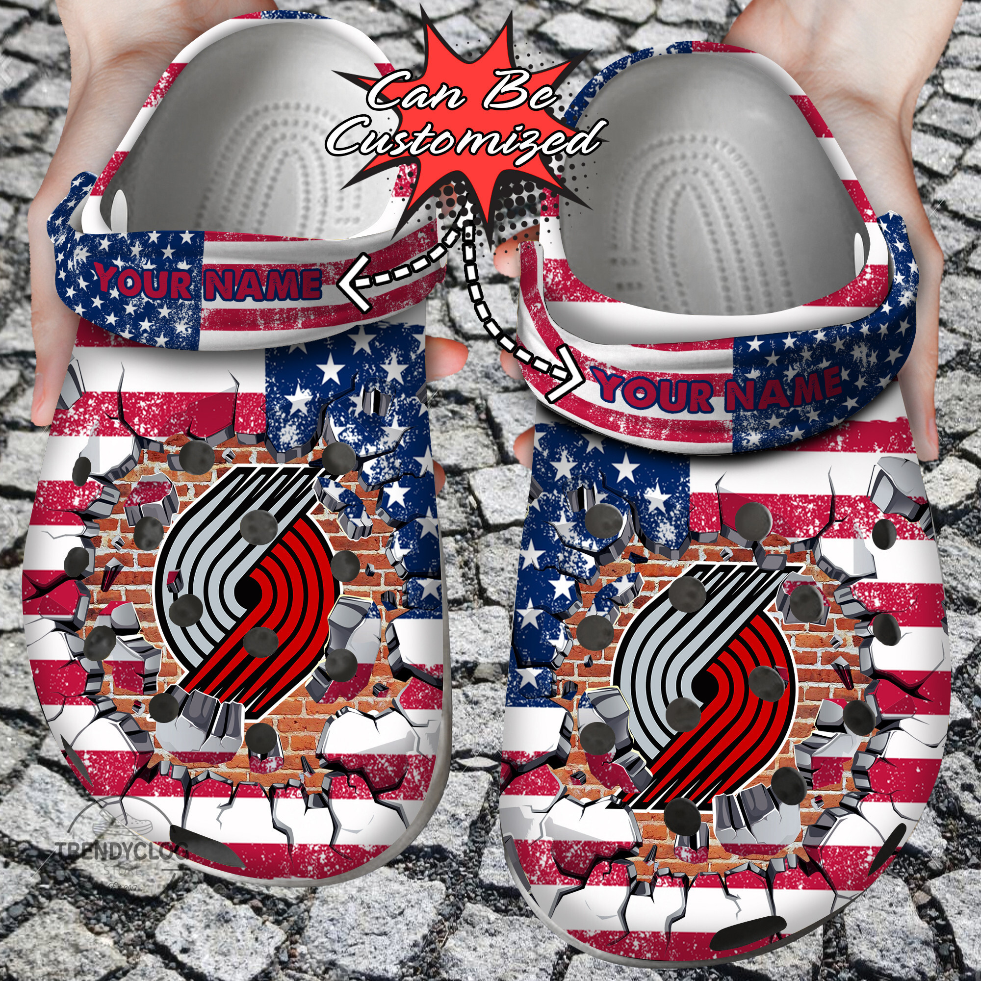 Basketball Crocs Personalized PTrail Blazers American Flag Breaking Wall Clog Shoes