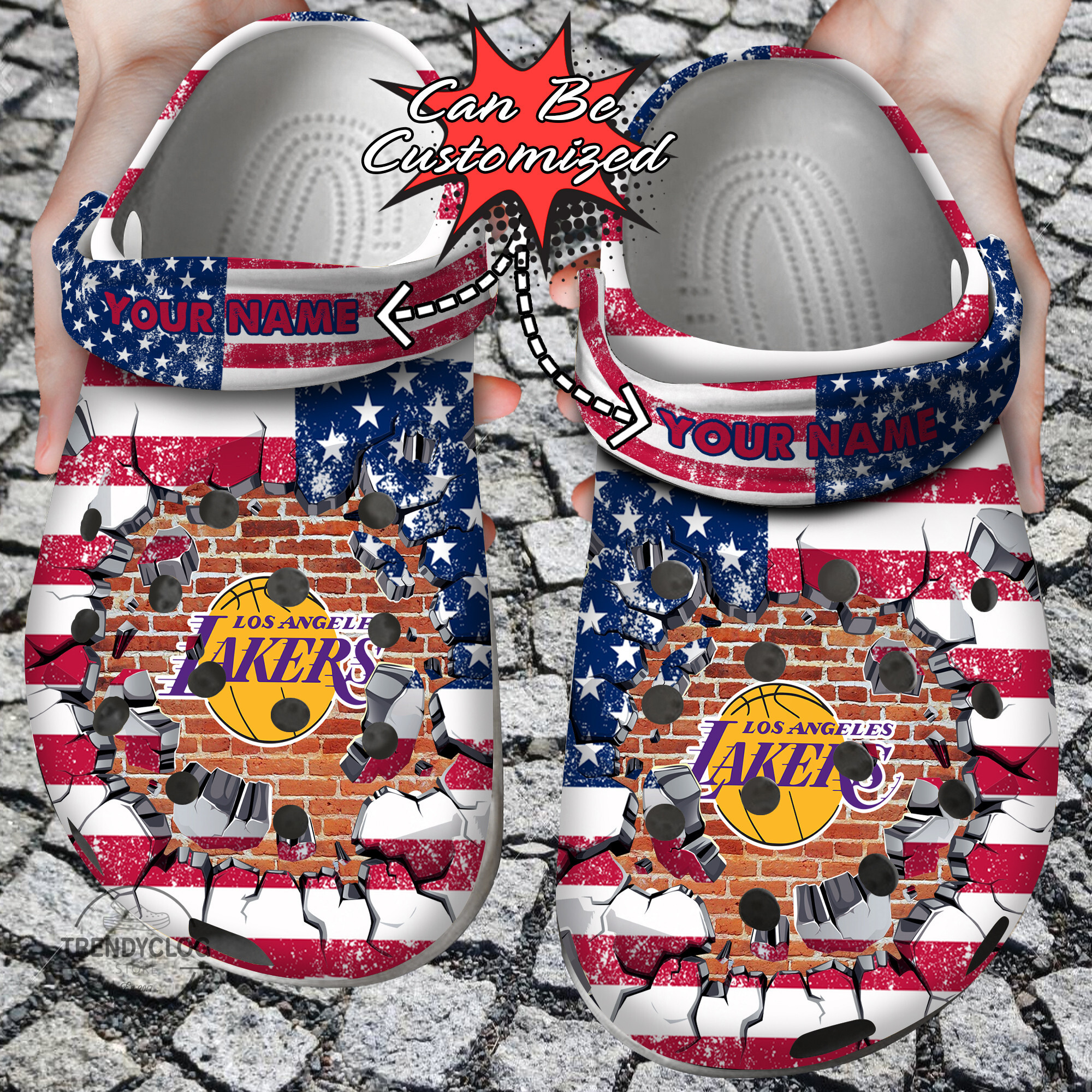 Basketball Crocs Personalized LA Lakers American Flag Breaking Wall Clog Shoes