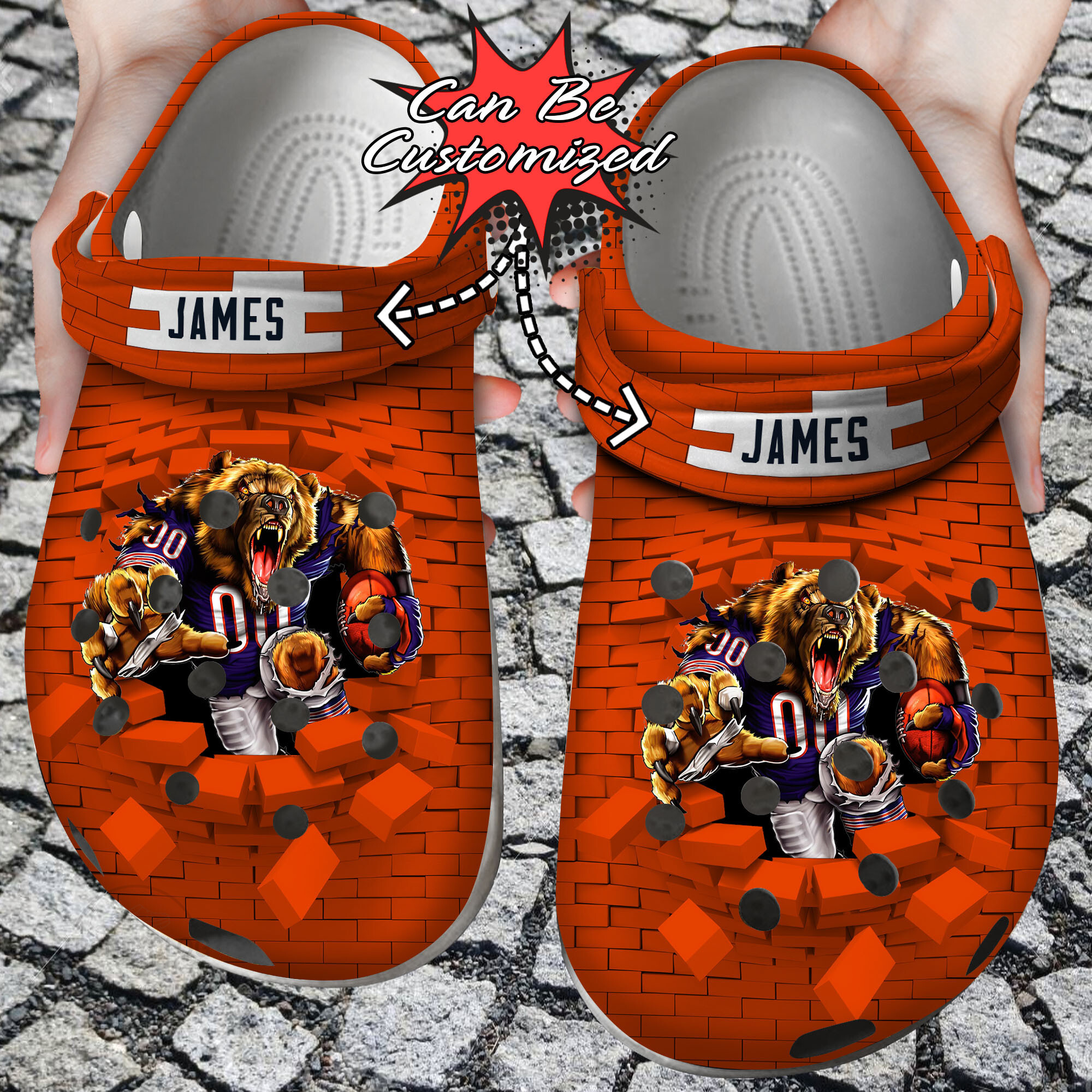 Personalized Name  Mascot Football Brick Wall Blowing Up Crocs Clog Shoes