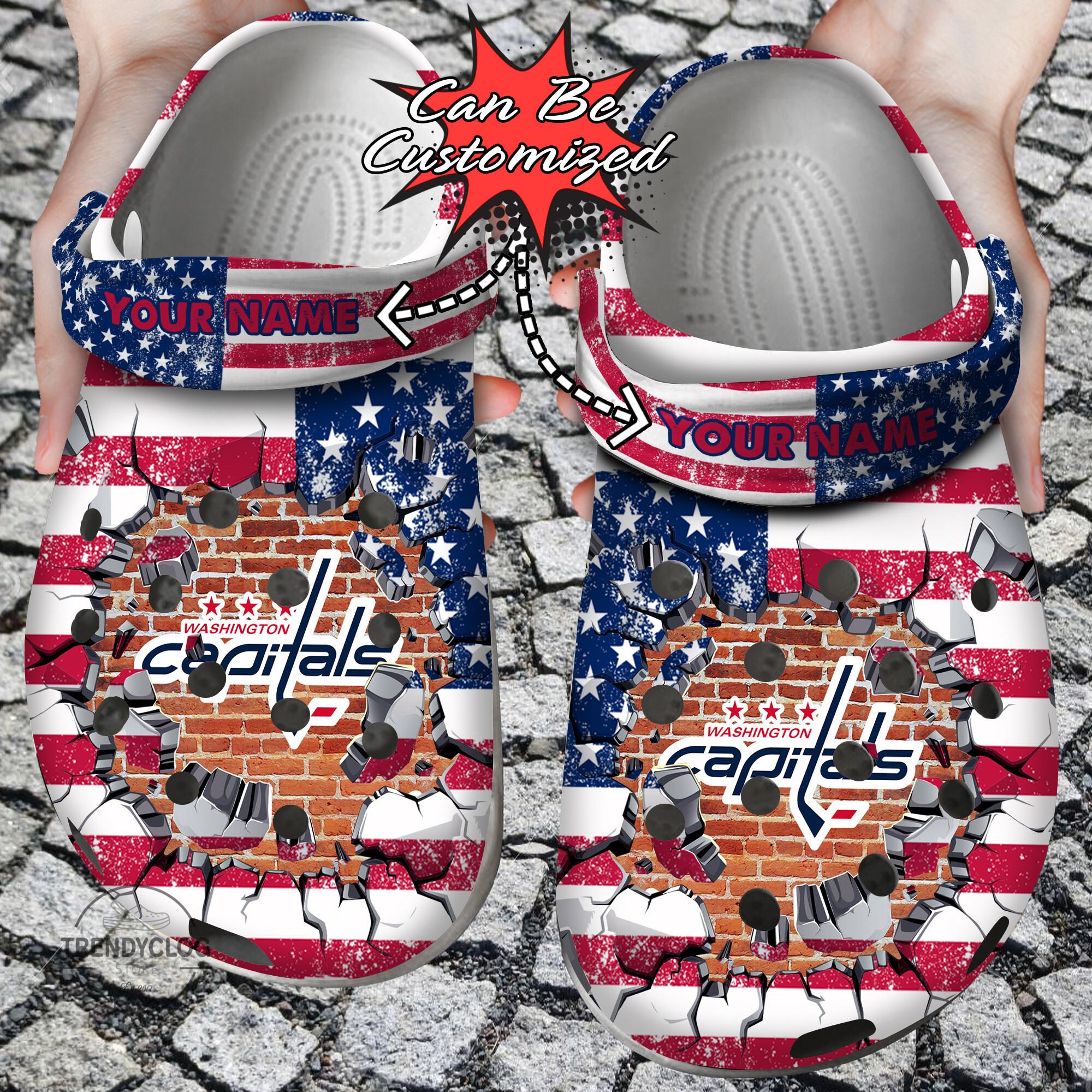 Hockey Crocs Personalized WCapitals American Flag Breaking Wall Clog Shoes