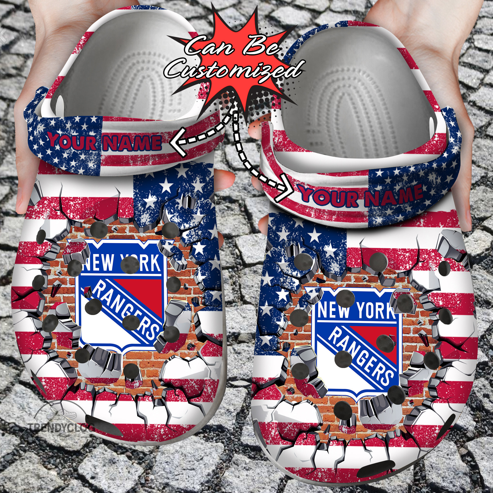 Hockey Crocs Personalized NY Rangers American Flag Breaking Wall Clog Shoes