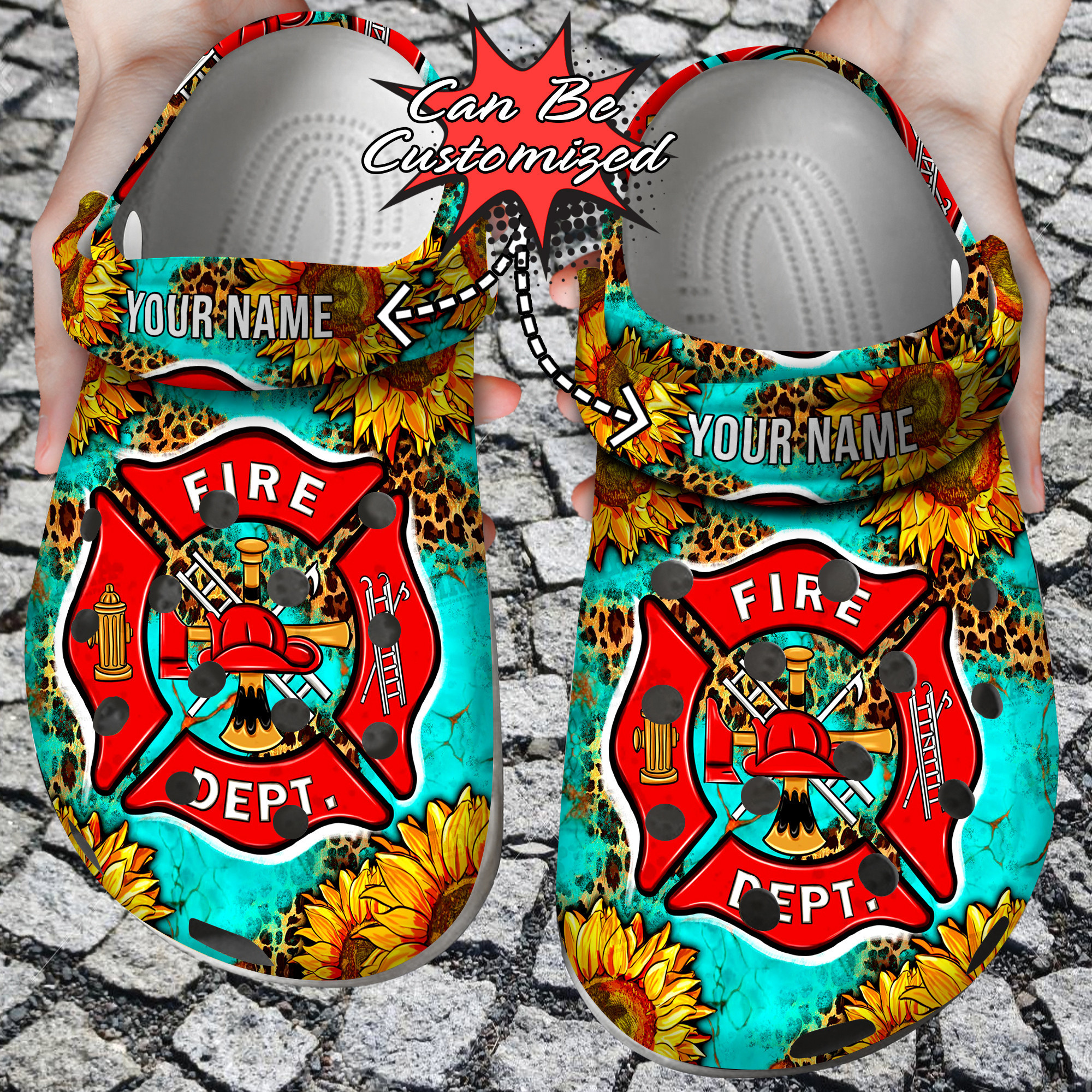 Custom Crocs Leopard Fire Dept And Sunflowers Clog Shoes