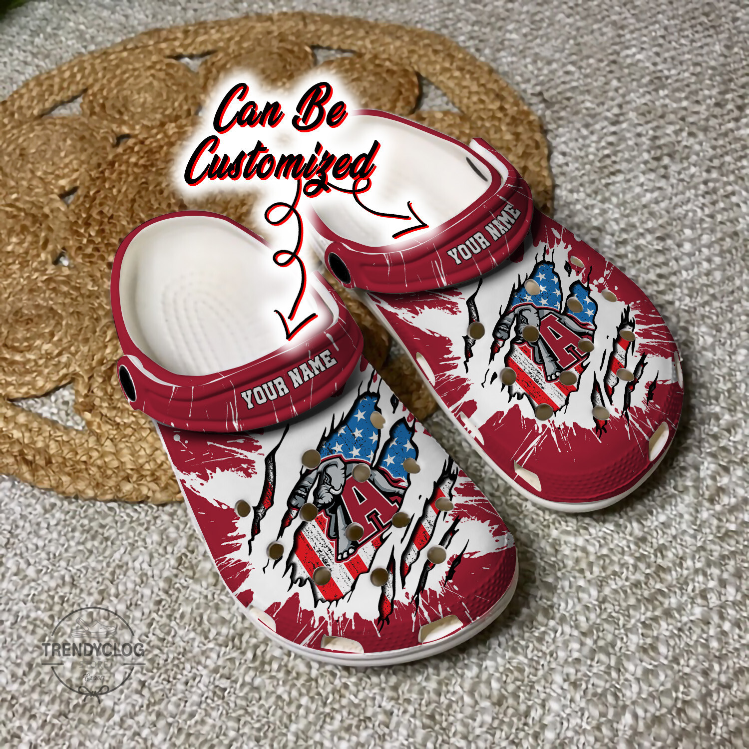 Sport Crocs Personalized ACrimson Tide University Ripped American Flag Clog Shoes