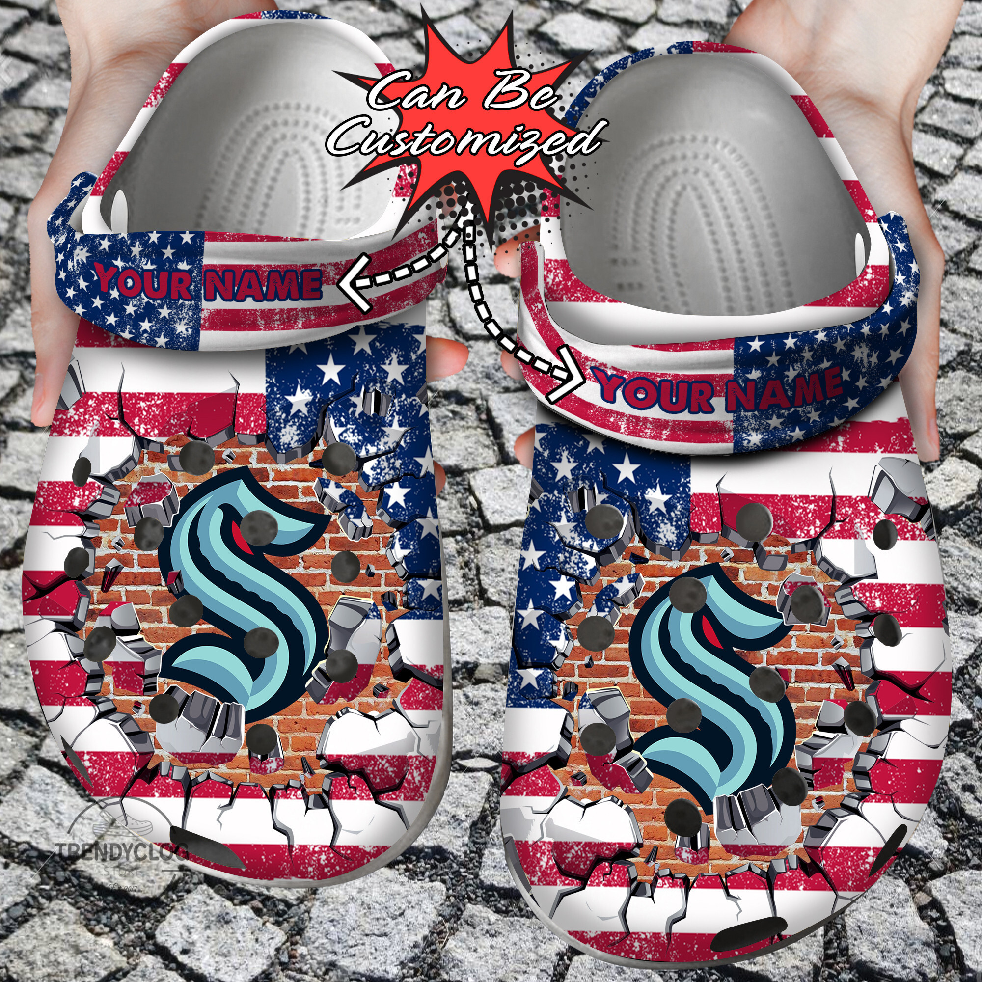 Hockey Crocs Personalized SKraken American Flag Breaking Wall Clog Shoes