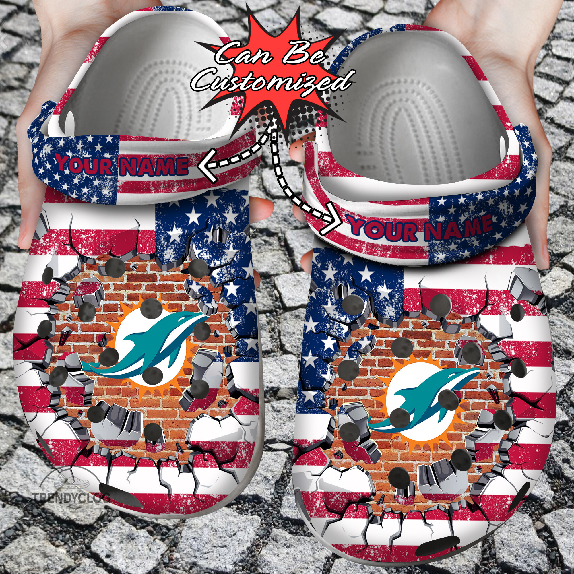 Football Crocs Personalized MDolphins American Flag Breaking Wall Clog Shoes