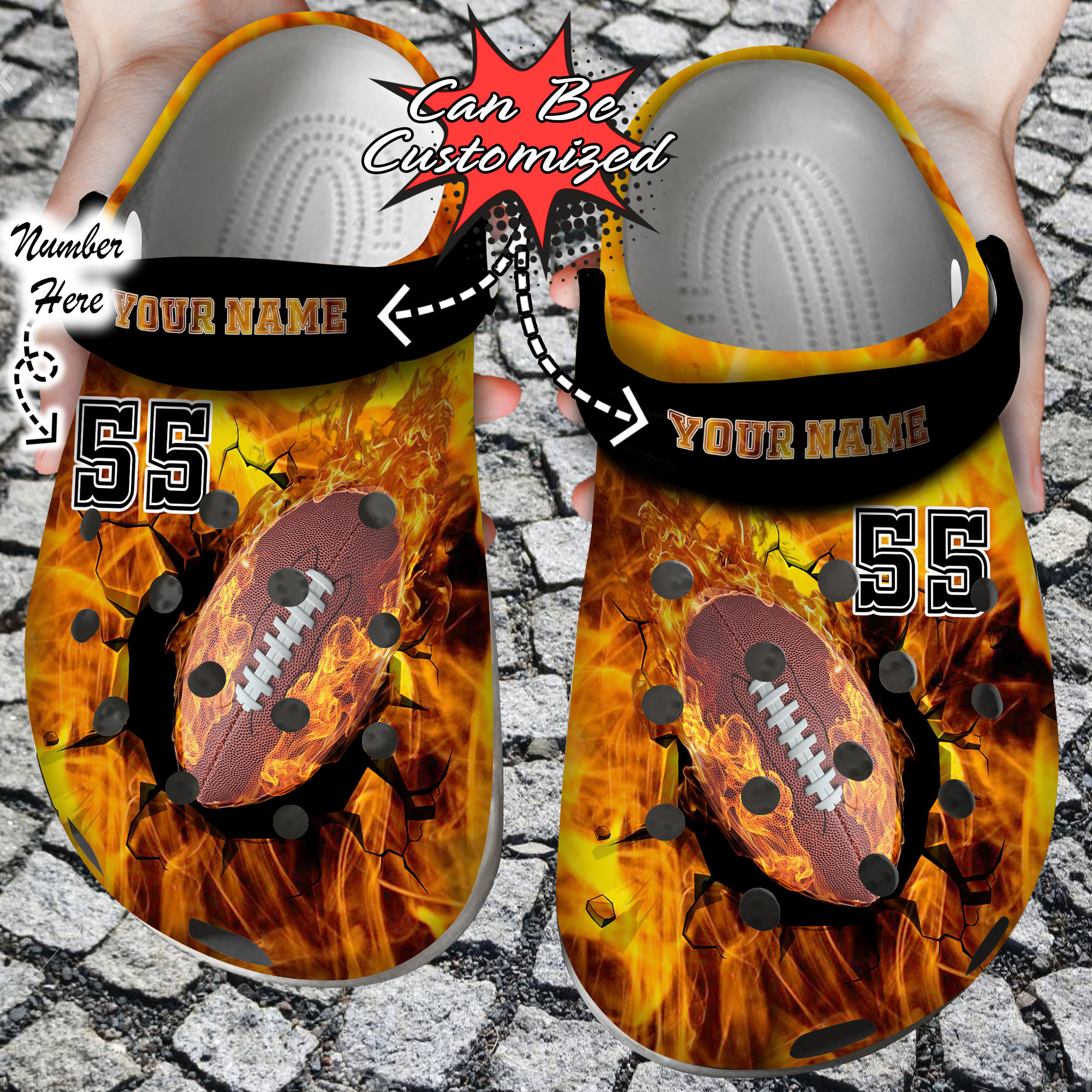 Sport Crocs Personalized Fire Football Crack Ball Overlays Clog Shoes