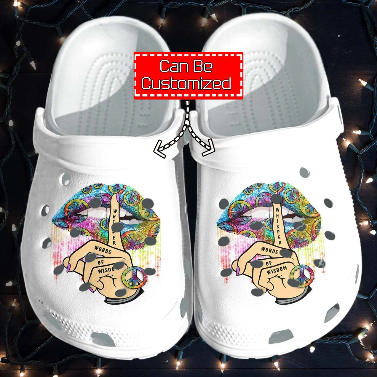 Custom Crocs Personalized Hippie Rainbow Lip Peace Hippie Girl Whisper Words Clog Shoes