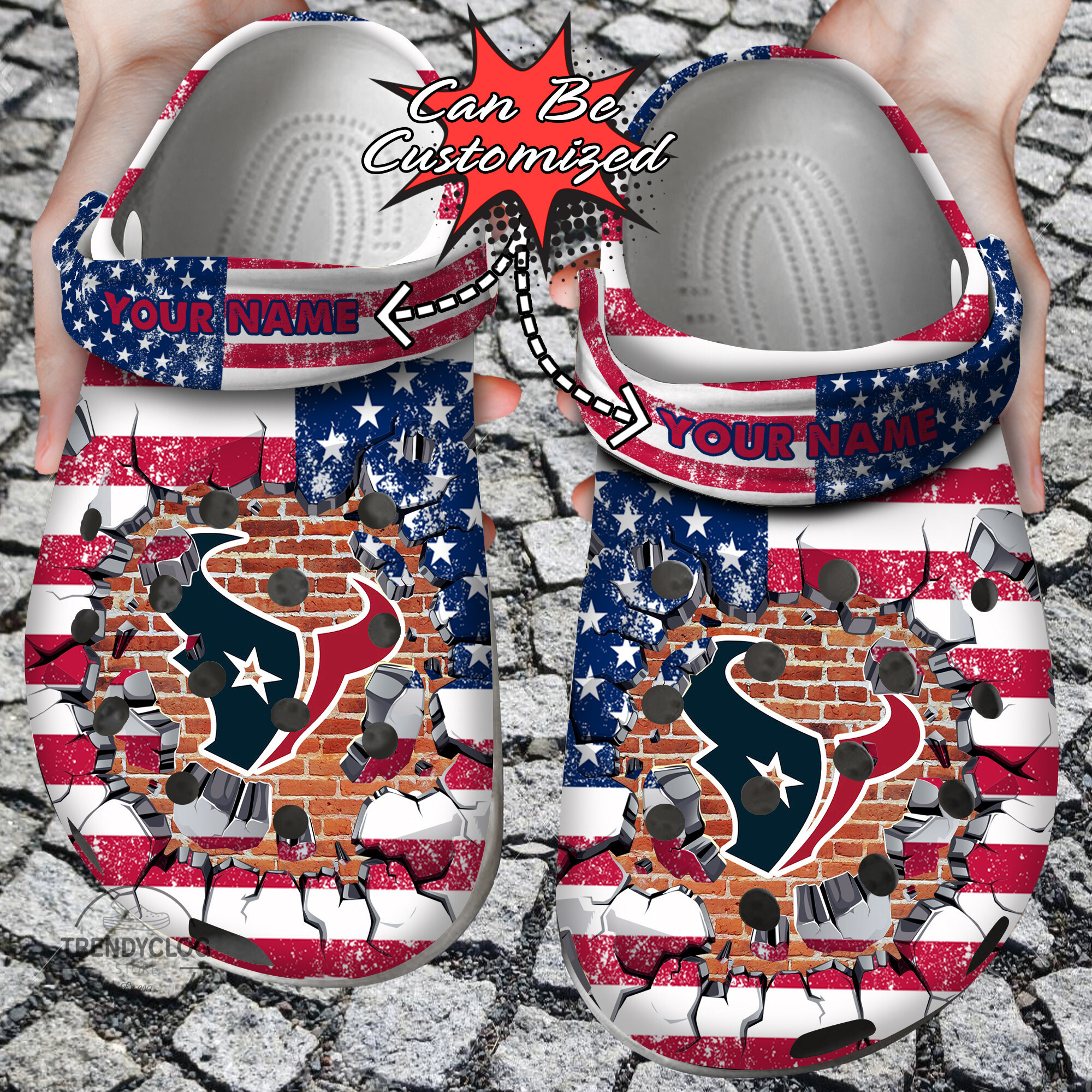 Football Crocs Personalized HTexans American Flag Breaking Wall Clog Shoes