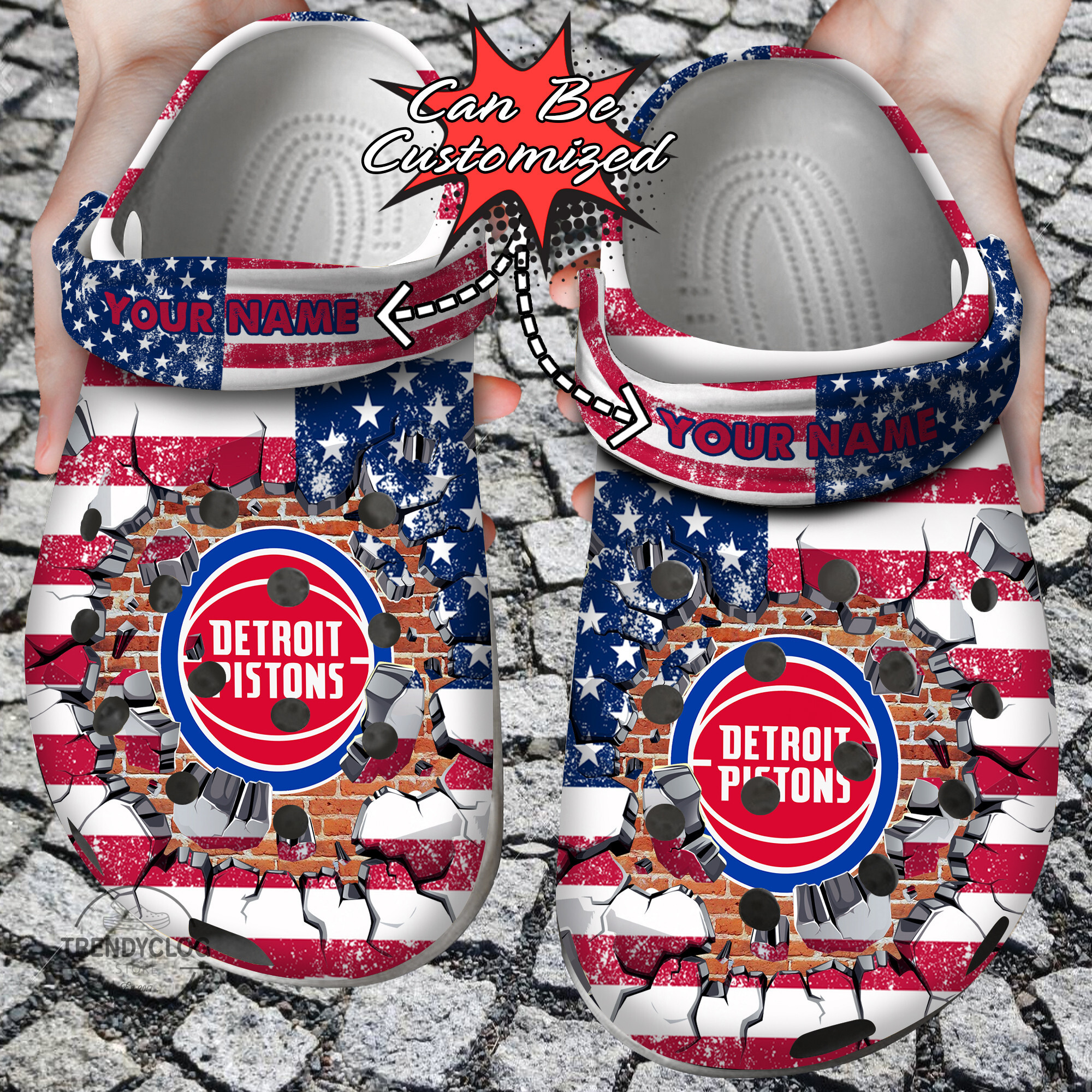 Basketball Crocs Personalized DPistons American Flag Breaking Wall Clog Shoes