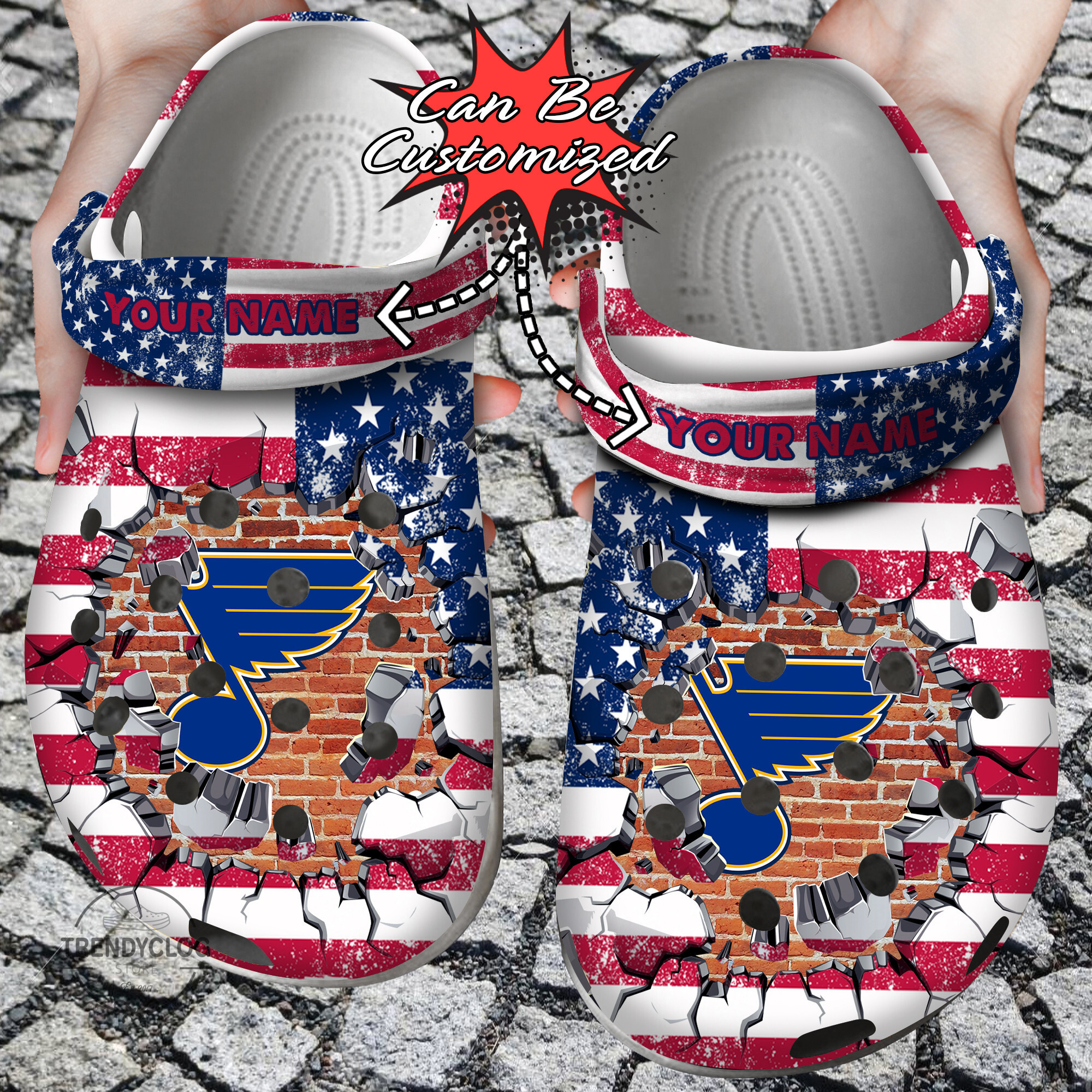 Hockey Crocs Personalized St Louis Blues American Flag Breaking Wall Clog Shoes