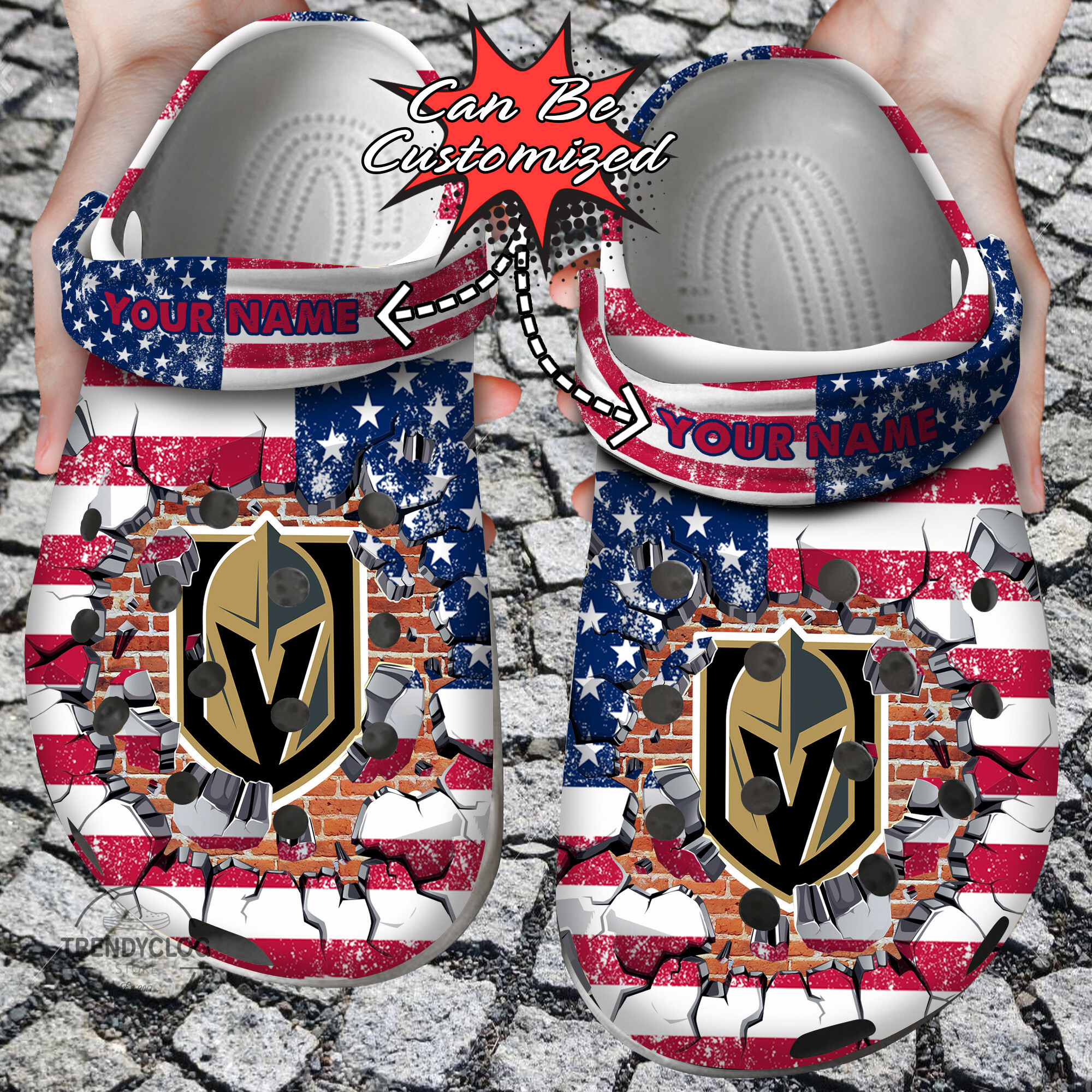 Hockey Crocs Personalized VGolden Knights American Flag Breaking Wall Clog Shoes